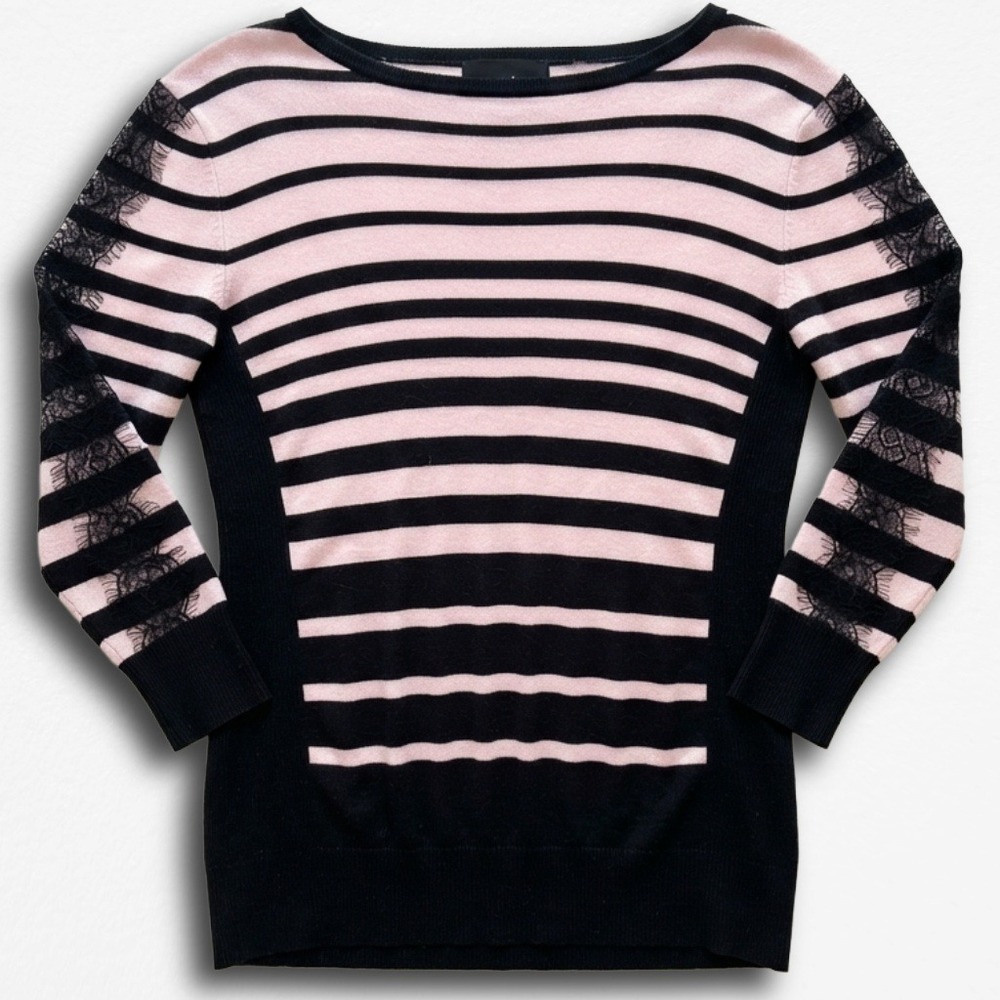 ByBy Women XL Pink Black Striped Lace Sleeve Knit Sweater Boat Neck Pullover